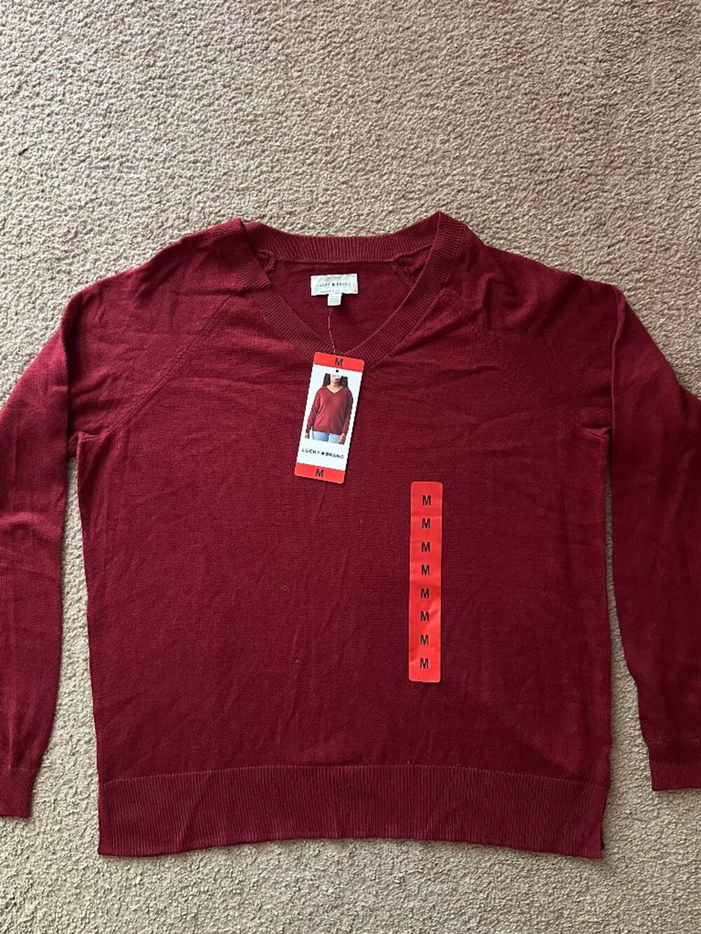 Lucky Brand Sweater Womens Medium NWT Maroon Red Long Sleeve Pullover V Neck